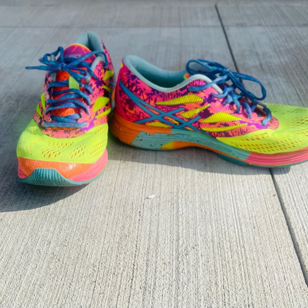 Asics Neon Yellow and Pink Athletic Shoes